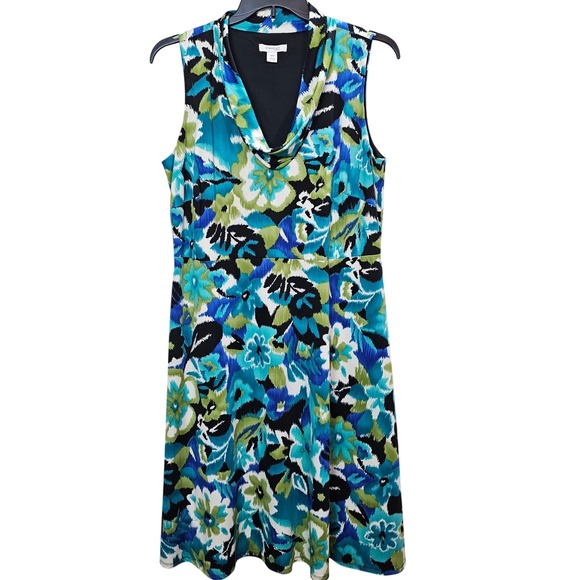 Dressbarn Woman Dresses & Skirts - Dressbarn 16W Floral Cowl Neck Dress Blue Green Black Sleeveless Stretch Y2K EUC